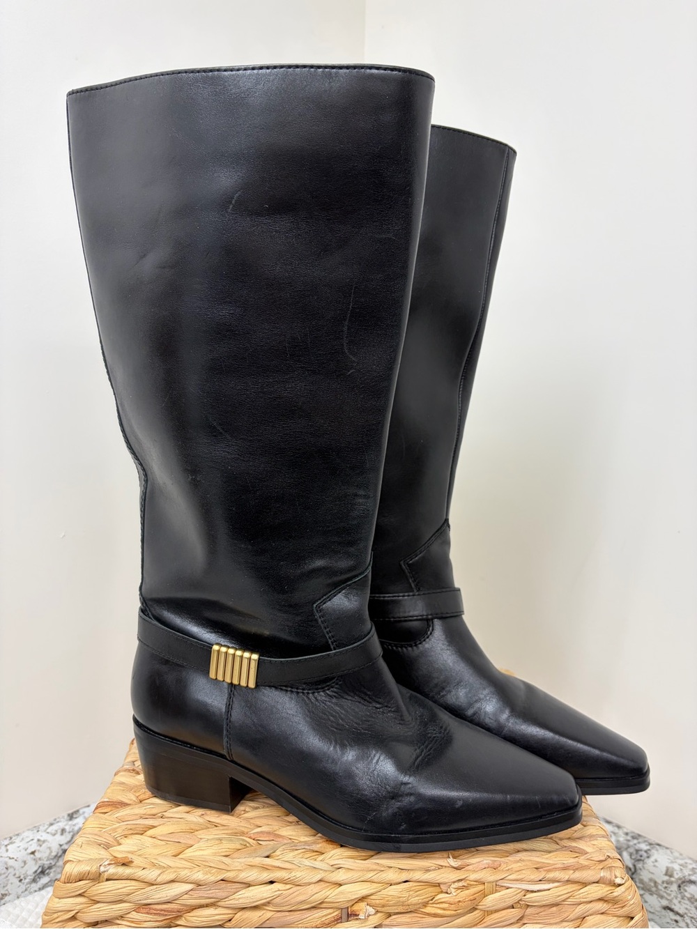Vince Camuto Black Leather Mid-Calf Boots with Gold Buckle Accent